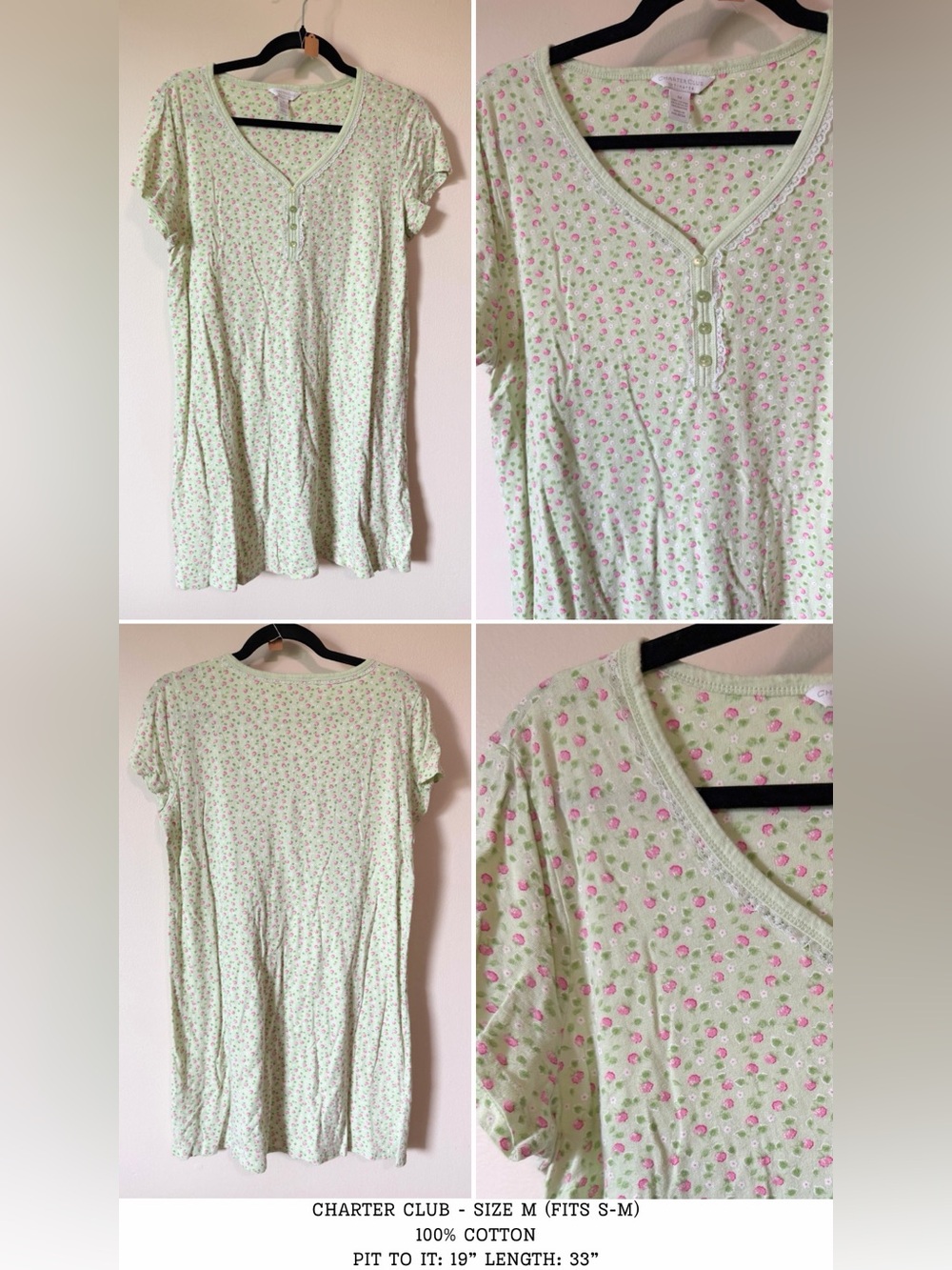 100% cotton pink green floral mini dress with lace henley details size small - Picture 4 of 4